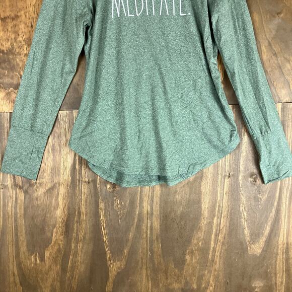 Rae Dunn Womens Shirt Green Meditate Eyelet Back Crew Neck Stretch Large - Picture 3 of 11